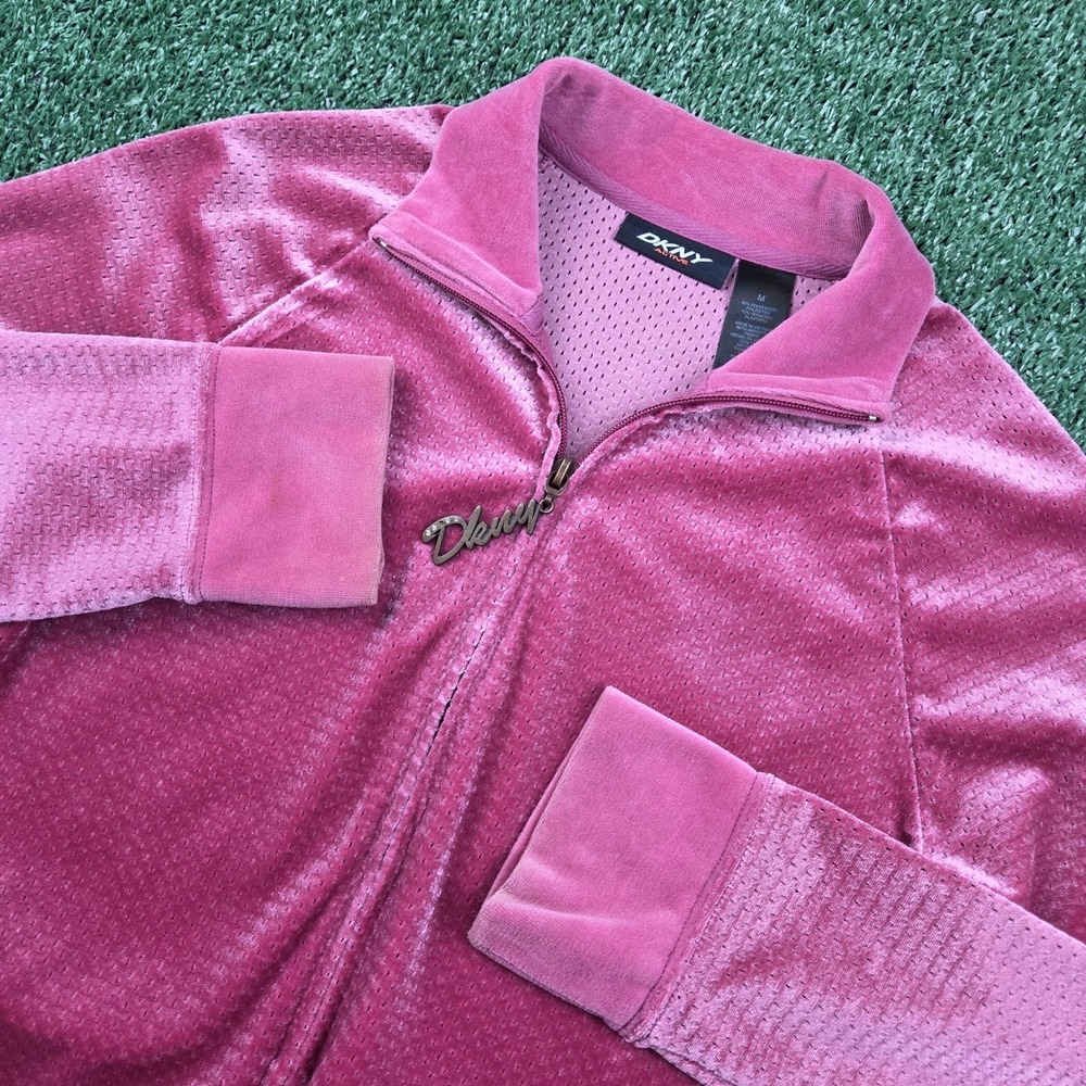 Y2K DKNY Active Pink Velour Track Jacket Gold Crown Graphic Womens Medium